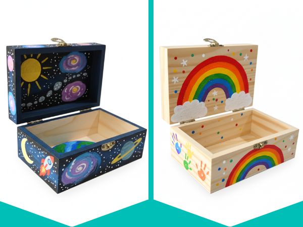 PlumoToys All-In-One DIY Wooden Treasure Box Painting Kit for Kids -Gift for Boys and Girls of All Ages, Use as Memory box Halloween box Jewelry box