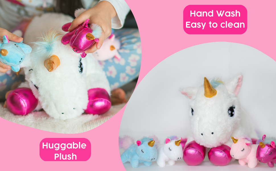 PlumoToys® Unicorn Stuff plush toy 40cms Tall Animals for Girls Ages 3 4 5 6 7 8 Years; Stuffed Mommy Unicorn Toys with 4 Baby Puppies, Soft Toy Pillows for Girls… (Unicorn)