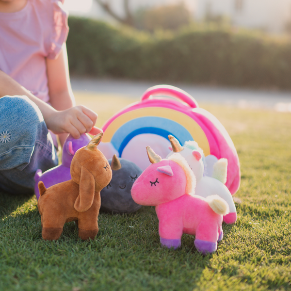 PlumoToys Unicorn Soft Toy Rainbow bag with 5 Unicorn Babies 40 Cm Bag toys for girls kids ages 3,4,5,6,7,8,9 Kids Gifts toys