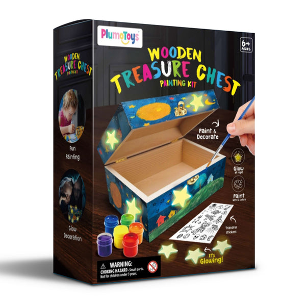 PlumoToys All-In-One DIY Wooden Treasure Box Painting Kit for Kids -Gift for Boys and Girls of All Ages, Use as Memory box Halloween box Jewelry box