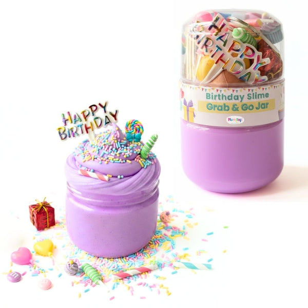 Happy Birthday Purple Slime Jar Kit – Grab & Go Sensory Slime Party Favor with Themed Charms for Kids