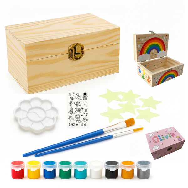 PlumoToys All-In-One DIY Wooden Treasure Box Painting Kit for Kids -Gift for Boys and Girls of All Ages, Use as Memory box Halloween box Jewelry box