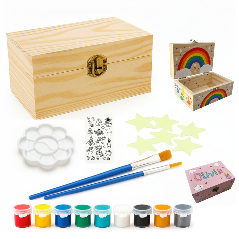 PlumoToys All-In-One DIY Wooden Treasure Box Painting Kit for Kids -Gift for Boys and Girls of All Ages, Use as Memory box Halloween box Jewelry box