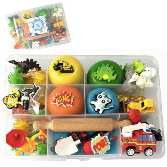 Adventure Braveland Creative Clay Kit – Blue Theme | 4 Colors of Modeling Clay with Wooden Rolling Pin, Dino, Sports, Firefighter & Hero Charms | Gift Box for Kids (Brave Adventureland)