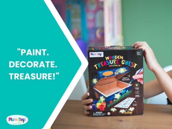 PlumoToys All-In-One DIY Wooden Treasure Box Painting Kit for Kids -Gift for Boys and Girls of All Ages, Use as Memory box Halloween box Jewelry box