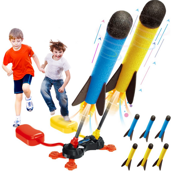 PlumoToys Dual Stomp Rocket Launcher Toy for Kids| Stomp Kids Foam Rockets With 6 Foam Rockets |Shoots Up to 100 Feet|Gift Toys for 3 4 5 6 7 8 9 10 11 Year Old Boys Girls