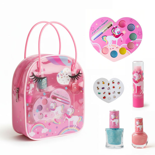 PlumoToys Kids Make Up Set with Unicorn bag Toys for girls ages 5,6,7,8,9, 10,11 Best tween gift for all occasions Real, Non Toxic, Washable Make Up To