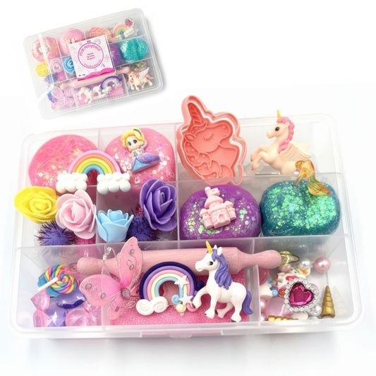 Pink Fairyland Dough Kit in Gift Box – Rainbow Princess Unicorn Theme | 4 Colors of Modeling Dough with Wooden Rolling Pin, Unicorn Cutter & Sparkling Charms (Pink Fairyland)
