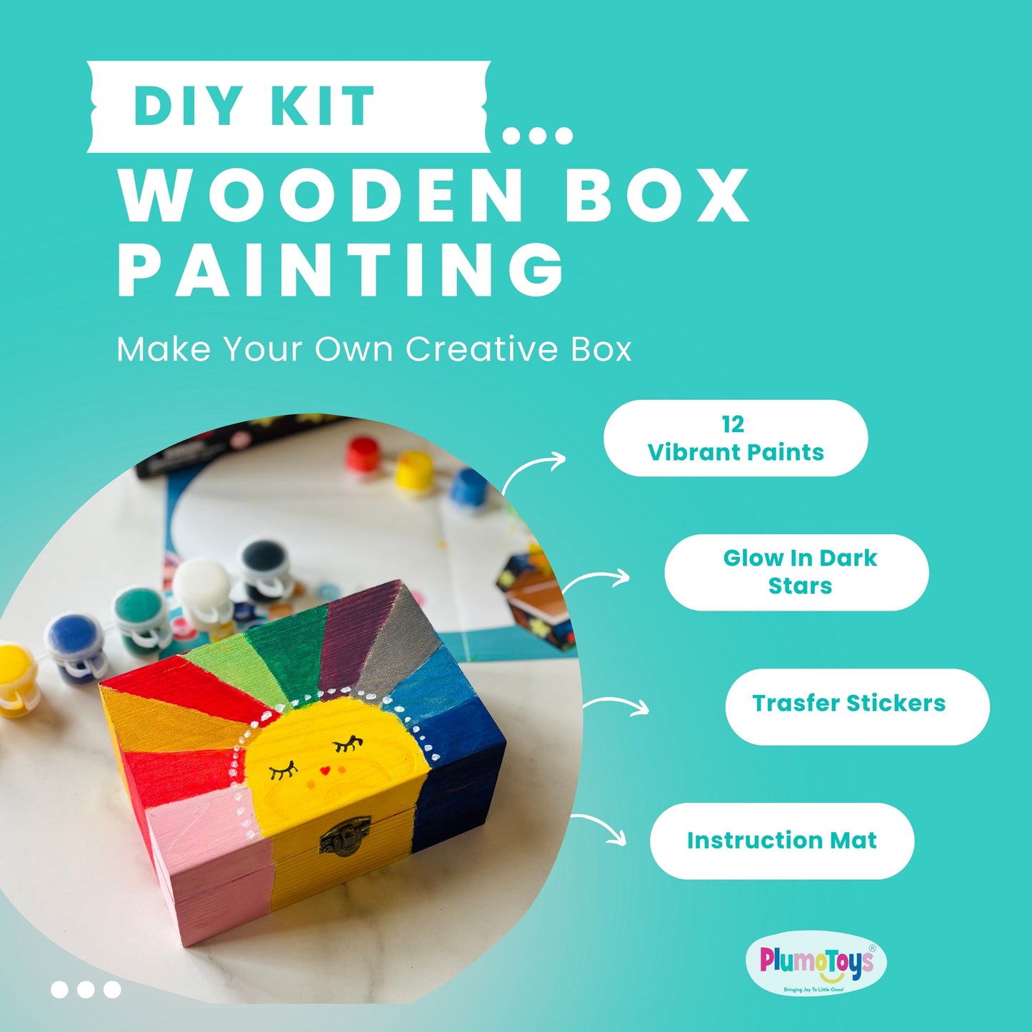 PlumoToys All-In-One DIY Wooden Treasure Box Painting Kit for Kids -Gift for Boys and Girls of All Ages, Use as Memory box Halloween box Jewelry box