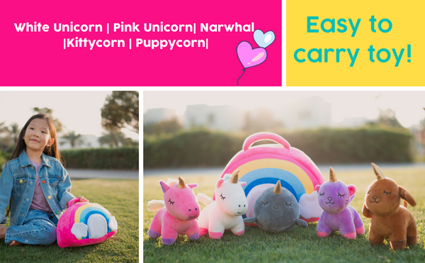 PlumoToys Unicorn Soft Toy Rainbow bag with 5 Unicorn Babies 40 Cm Bag toys for girls kids ages 3,4,5,6,7,8,9 Kids Gifts toys