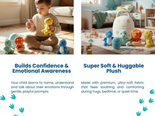 Dino Egg Plush Toy Set with Handle – Includes 1 Large Dinosaur Egg, 4 Baby Dino Toys & Emotional Support Cards | First Words Flashcards for Babies & Toddlers | Soft Comfort Toy Gift (Dinosaur)