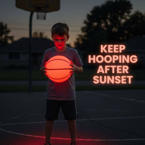 Plumotoys Glow in The Dark Basketball for Teen Boy | Glowing Red Basket Ball, Light Up LED Toy for Night Ball Games | Sports Stuff & Gadgets for Kids Age 8 Years Old and Up