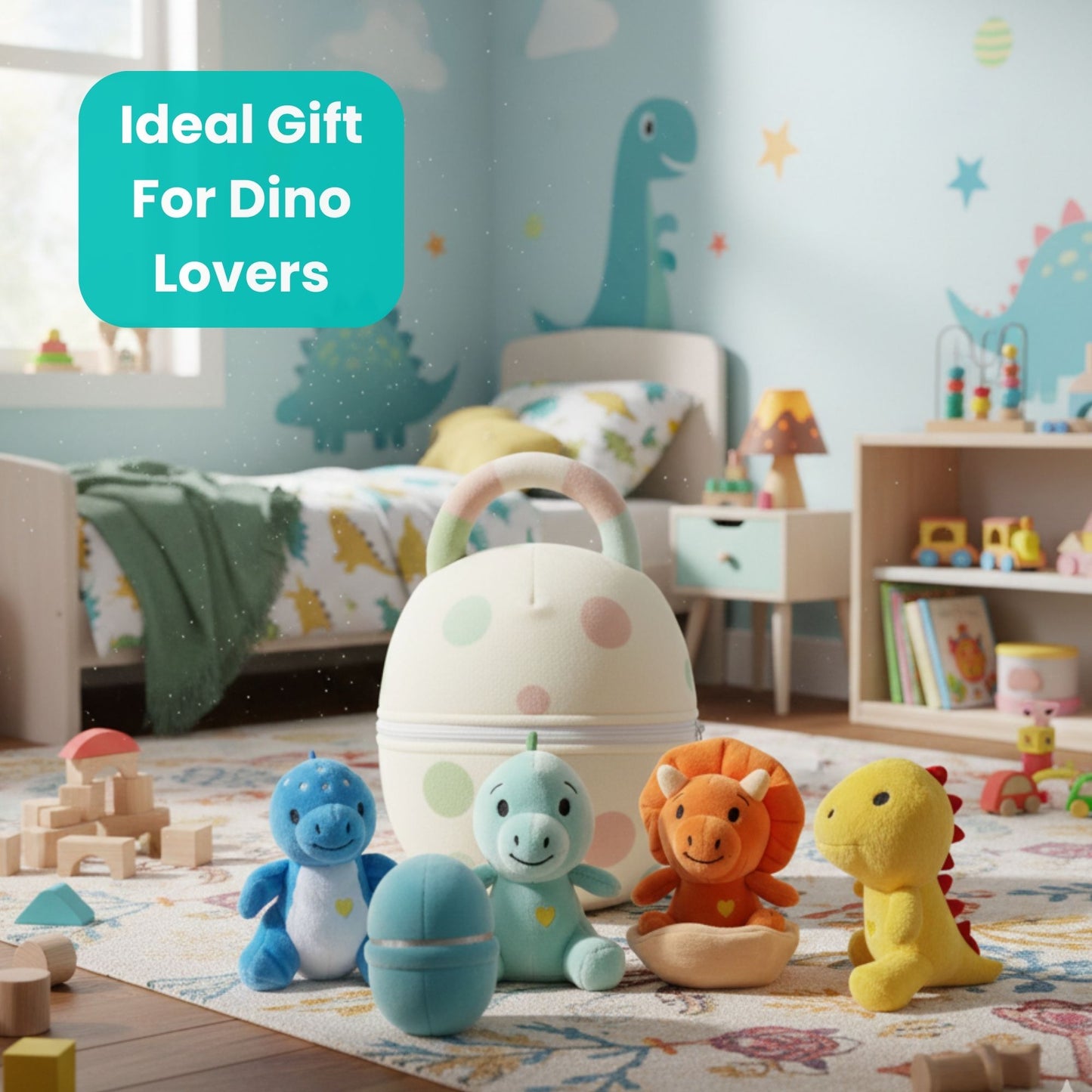 Dino Egg Plush Toy Set with Handle – Includes 1 Large Dinosaur Egg, 4 Baby Dino Toys & Emotional Support Cards | First Words Flashcards for Babies & Toddlers | Soft Comfort Toy Gift (Dinosaur)