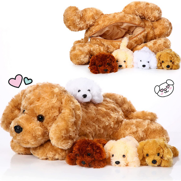PlumoToys® Puppy Stuffed Animals for boys Ages 3 4 5 6 7 8 Years;1 Big Mommy Dog with 4 Mini Baby Dogs Cute Soft Plush Dog Stuffed Dog with Puppies Gift for boys girls (Puppy Dog)