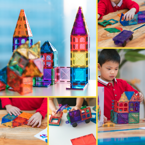 PlumoToys® 62 PCS Magnetic tiles|Educational Preschool building & construction toys Stimulates Creativity Fun Learning Teaches Shapes & Colors|Best Toys Gift|Ages 3 4 5 6 7 8 9+