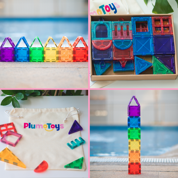 PlumoToys® 62 PCS Magnetic tiles|Educational Preschool building & construction toys Stimulates Creativity Fun Learning Teaches Shapes & Colors|Best Toys Gift|Ages 3 4 5 6 7 8 9+