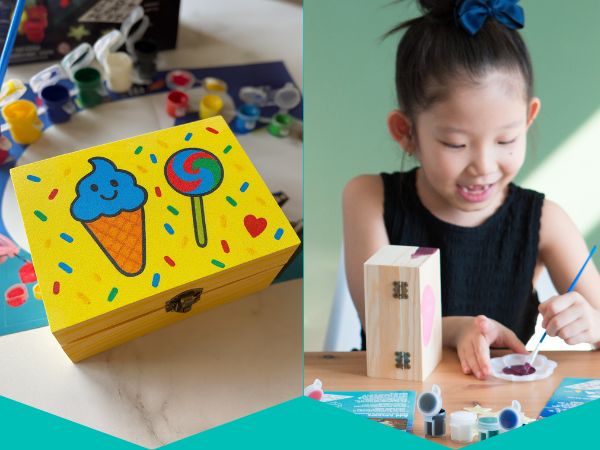 PlumoToys All-In-One DIY Wooden Treasure Box Painting Kit for Kids -Gift for Boys and Girls of All Ages, Use as Memory box Halloween box Jewelry box