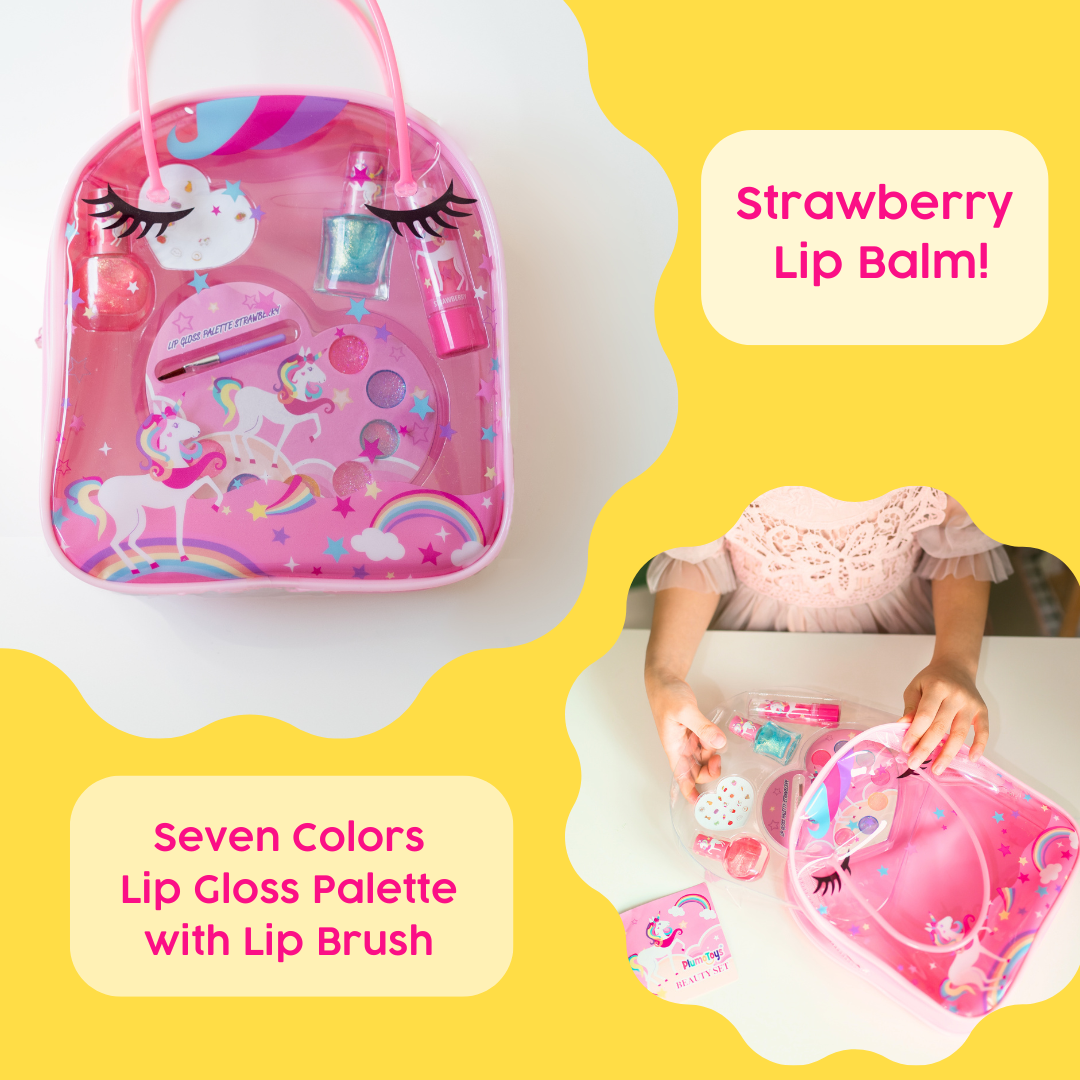 PlumoToys Kids Make Up Set with Unicorn bag Toys for girls ages 5,6,7,8,9, 10,11 Best tween gift for all occasions Real, Non Toxic, Washable Make Up To