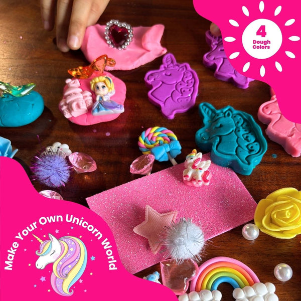 Pink Fairyland Dough Kit in Gift Box – Rainbow Princess Unicorn Theme | 4 Colors of Modeling Dough with Wooden Rolling Pin, Unicorn Cutter & Sparkling Charms (Pink Fairyland)