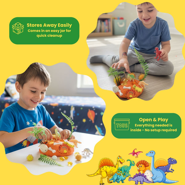 Prehistoric Sensory Dough Jar Kit for Kids - Travel Activity with Ancient Creature Figures & Charms - Fun Party Favor (DinoDough)