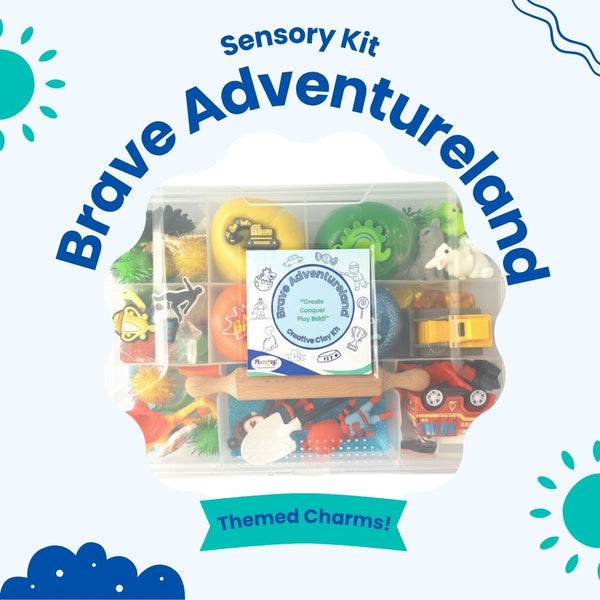 Adventure Braveland Creative Clay Kit – Blue Theme | 4 Colors of Modeling Clay with Wooden Rolling Pin, Dino, Sports, Firefighter & Hero Charms | Gift Box for Kids (Brave Adventureland)