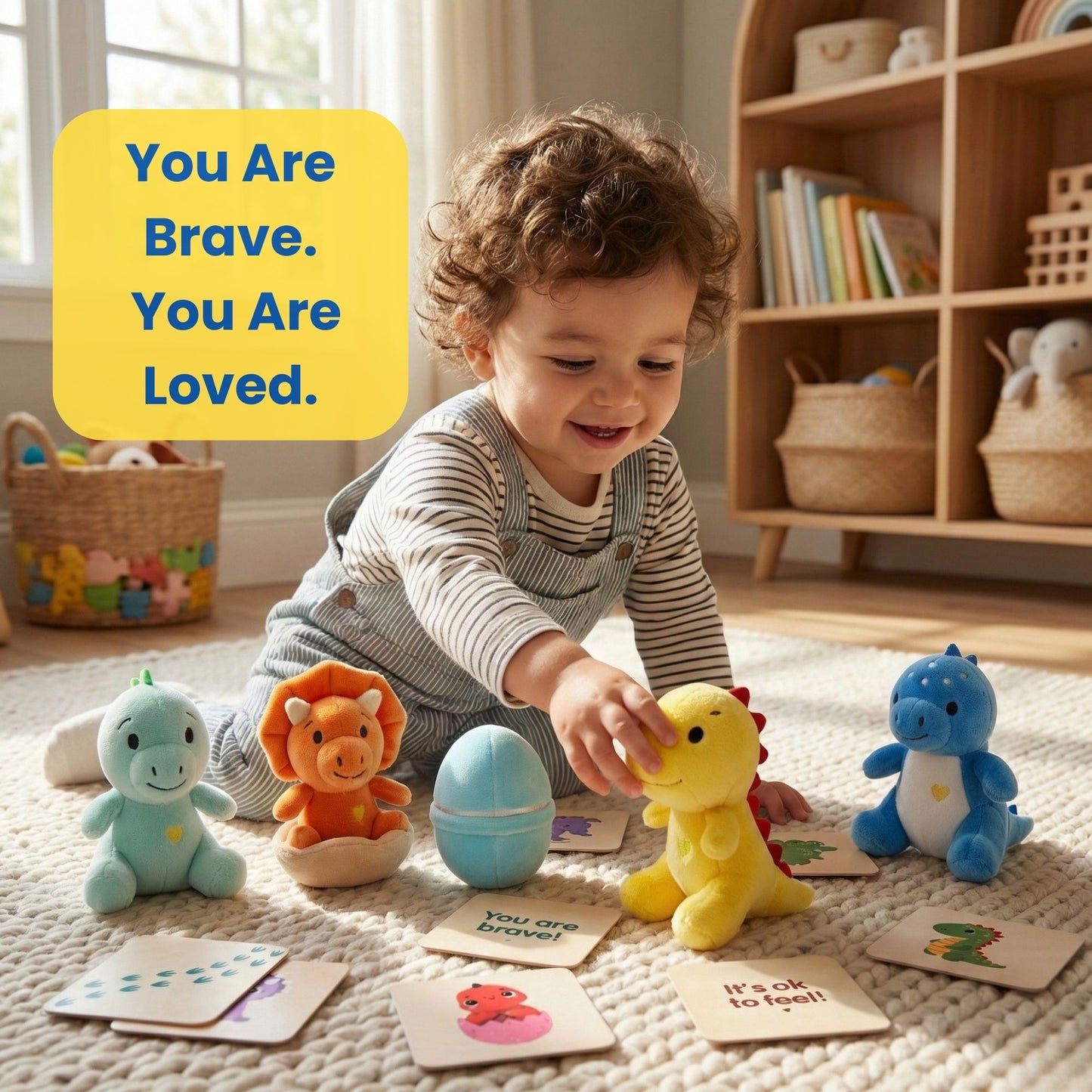 Dino Egg Plush Toy Set with Handle – Includes 1 Large Dinosaur Egg, 4 Baby Dino Toys & Emotional Support Cards | First Words Flashcards for Babies & Toddlers | Soft Comfort Toy Gift (Dinosaur)