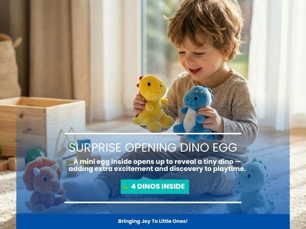 Dino Egg Plush Toy Set with Handle – Includes 1 Large Dinosaur Egg, 4 Baby Dino Toys & Emotional Support Cards | First Words Flashcards for Babies & Toddlers | Soft Comfort Toy Gift (Dinosaur)