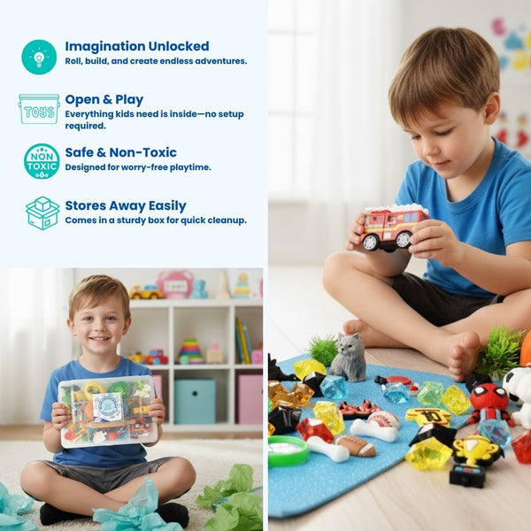 Adventure Braveland Creative Clay Kit – Blue Theme | 4 Colors of Modeling Clay with Wooden Rolling Pin, Dino, Sports, Firefighter & Hero Charms | Gift Box for Kids (Brave Adventureland)