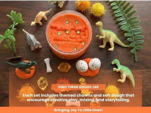 Prehistoric Sensory Dough Jar Kit for Kids - Travel Activity with Ancient Creature Figures & Charms - Fun Party Favor (DinoDough)