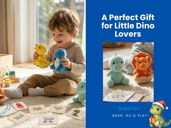 Dino Egg Plush Toy Set with Handle – Includes 1 Large Dinosaur Egg, 4 Baby Dino Toys & Emotional Support Cards | First Words Flashcards for Babies & Toddlers | Soft Comfort Toy Gift (Dinosaur)