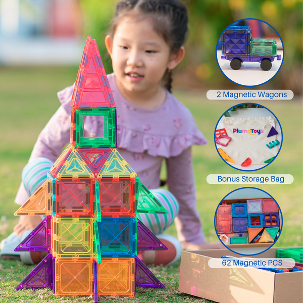 PlumoToys® 62 PCS Magnetic tiles|Educational Preschool building & construction toys Stimulates Creativity Fun Learning Teaches Shapes & Colors|Best Toys Gift|Ages 3 4 5 6 7 8 9+