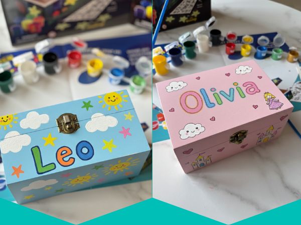 PlumoToys All-In-One DIY Wooden Treasure Box Painting Kit for Kids -Gift for Boys and Girls of All Ages, Use as Memory box Halloween box Jewelry box