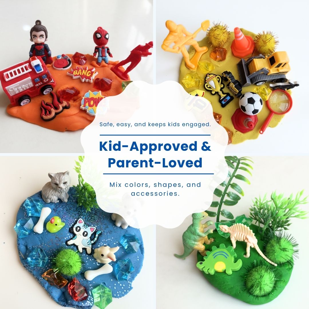 Adventure Braveland Creative Clay Kit – Blue Theme | 4 Colors of Modeling Clay with Wooden Rolling Pin, Dino, Sports, Firefighter & Hero Charms | Gift Box for Kids (Brave Adventureland)