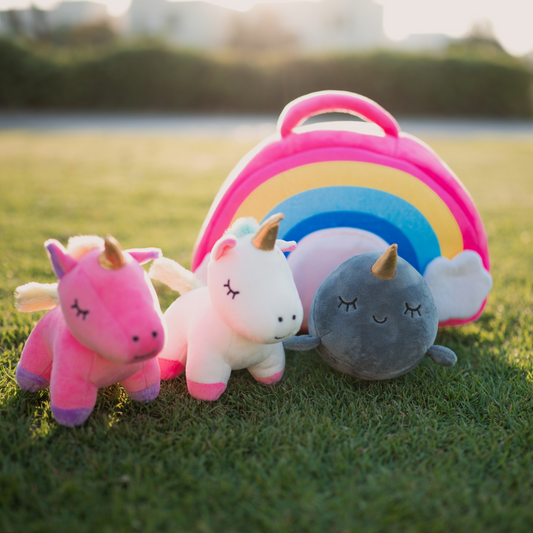 PlumoToys Unicorn Soft Toy Rainbow bag with 5 Unicorn Babies 40 Cm Bag toys for girls kids ages 3,4,5,6,7,8,9 Kids Gifts toys