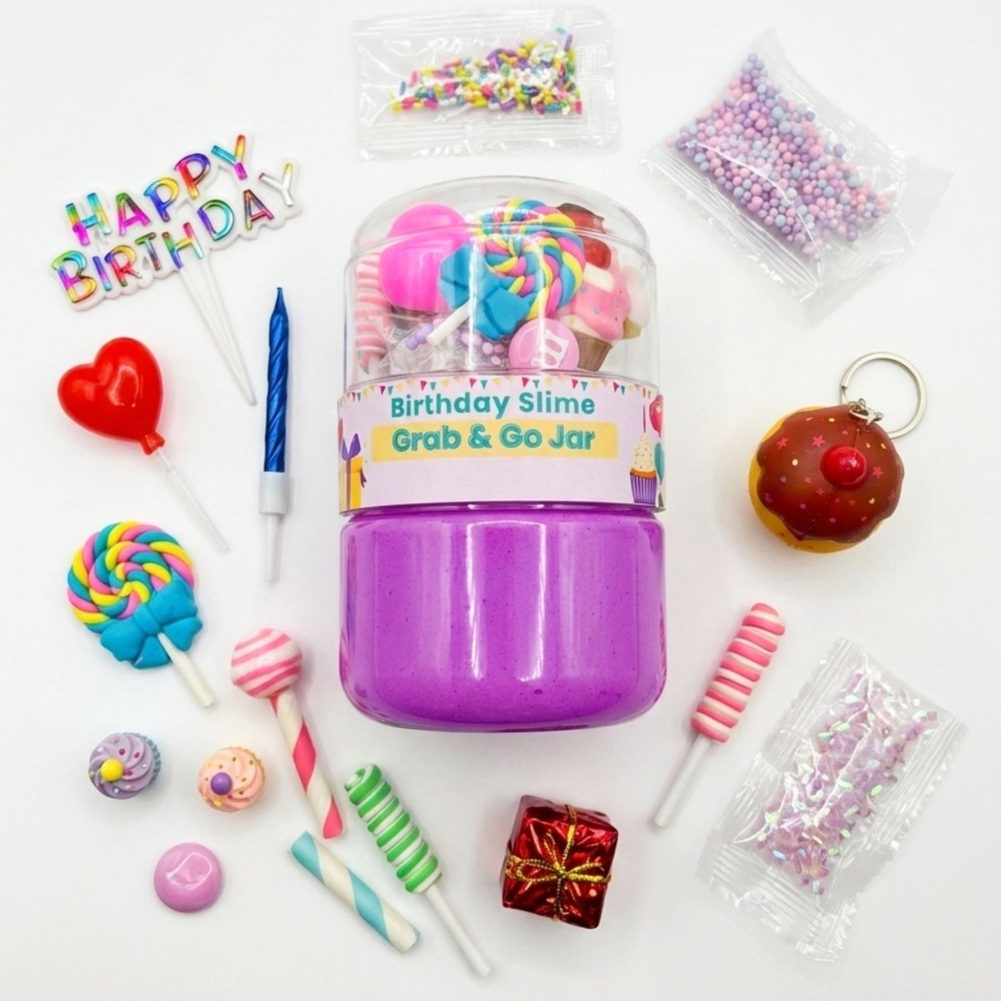 Happy Birthday Purple Slime Jar Kit – Grab & Go Sensory Slime Party Favor with Themed Charms for Kids