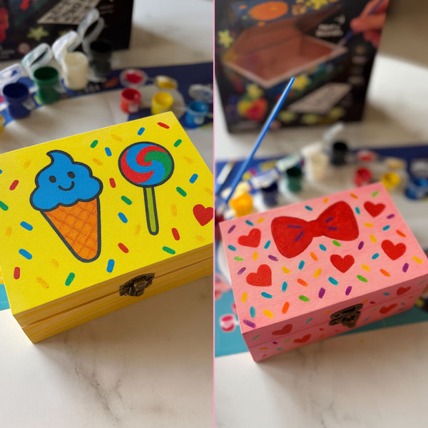 PlumoToys All-In-One DIY Wooden Treasure Box Painting Kit for Kids -Gift for Boys and Girls of All Ages, Use as Memory box Halloween box Jewelry box