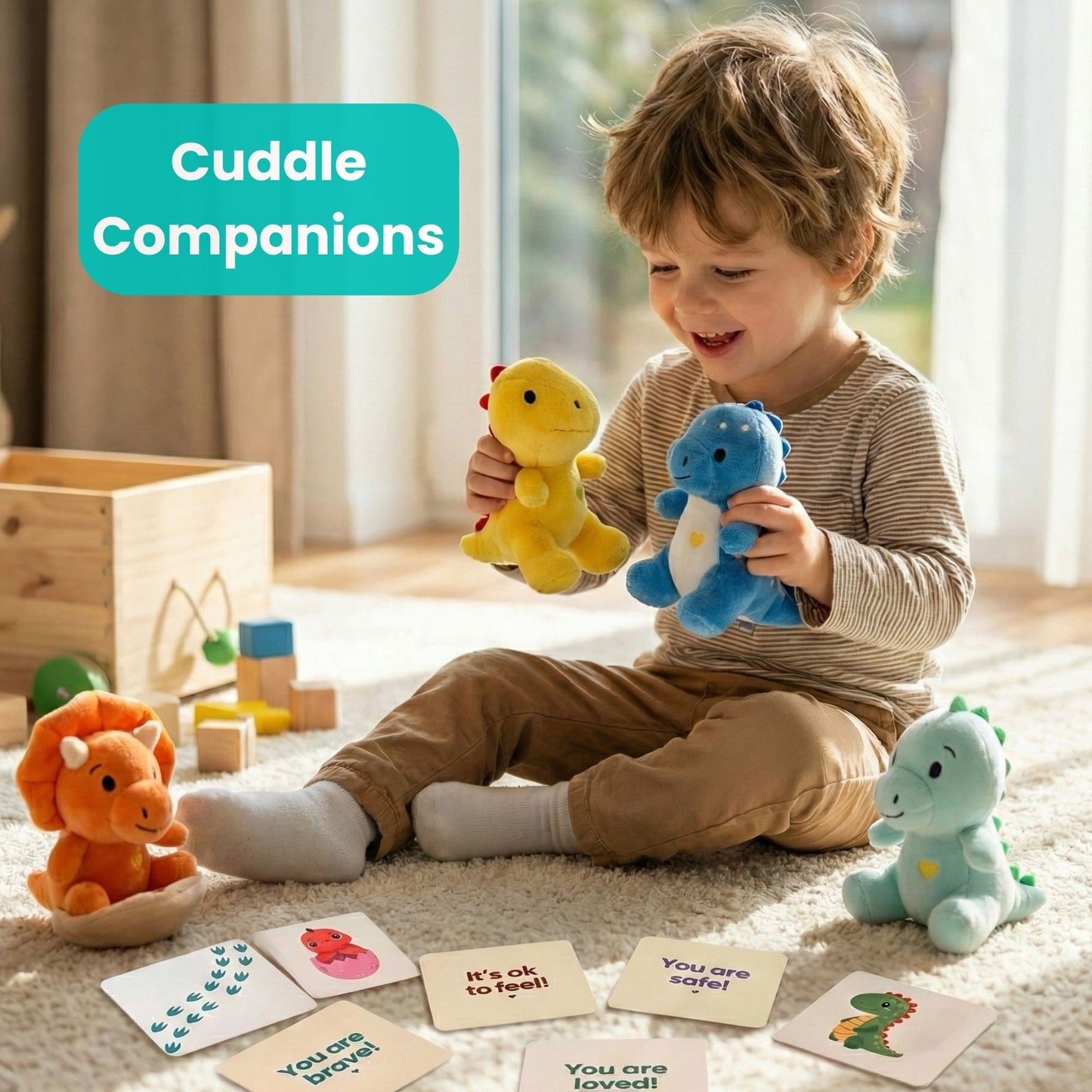 Dino Egg Plush Toy Set with Handle – Includes 1 Large Dinosaur Egg, 4 Baby Dino Toys & Emotional Support Cards | First Words Flashcards for Babies & Toddlers | Soft Comfort Toy Gift (Dinosaur)