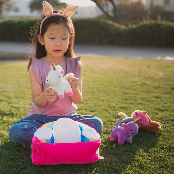PlumoToys Unicorn Soft Toy Rainbow bag with 5 Unicorn Babies 40 Cm Bag toys for girls kids ages 3,4,5,6,7,8,9 Kids Gifts toys