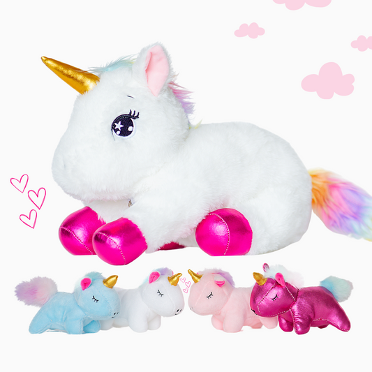 PlumoToys® Unicorn Stuff plush toy 40cms Tall Animals for Girls Ages 3 4 5 6 7 8 Years; Stuffed Mommy Unicorn Toys with 4 Baby Puppies, Soft Toy Pillows for Girls… (Unicorn)