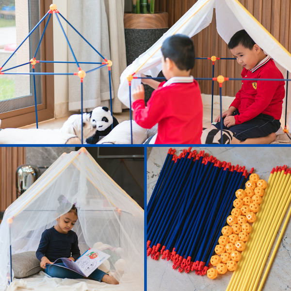 PlumoToys® 90 PCS Fort Building Kit Construction Toys for kids Gift | Build Indoor Outdoors Rocket Ship Play Tent Tower Castles Tunnels Boat Educational STEM toys for Boys Girls Age 5,6,7,8,9,10+